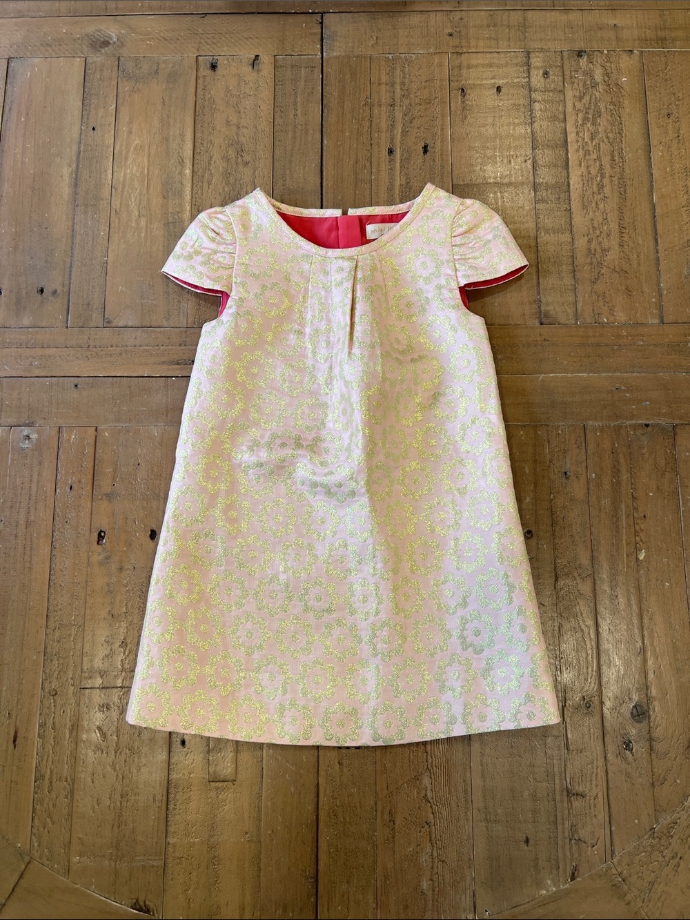 Mini Boden gold metallic floral pink cap sleeve mini dress 2-3 years
